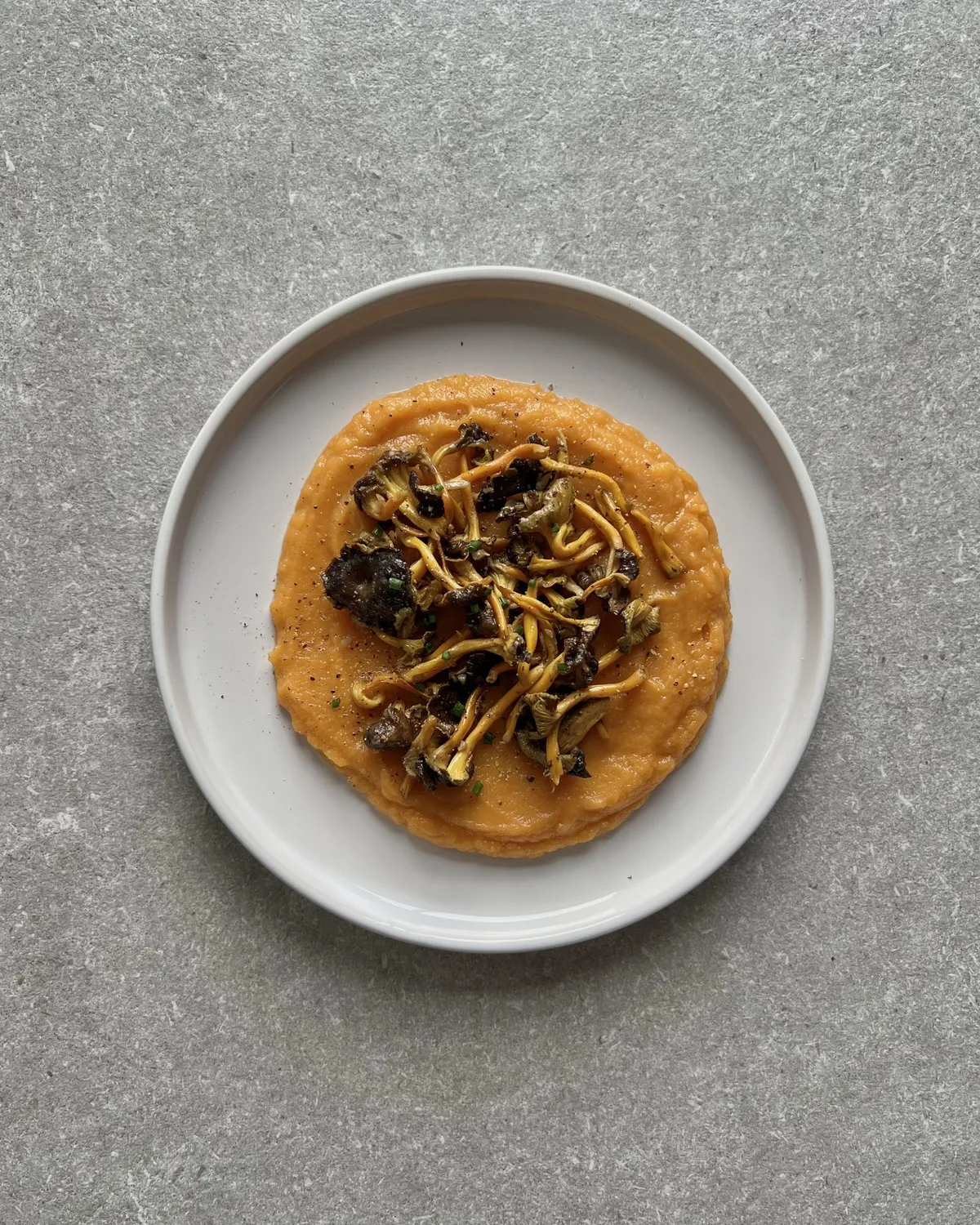 Plato blanco con puré de boniato y rebozuelos anaranjados salteados por encima, con pimienta y cebollino